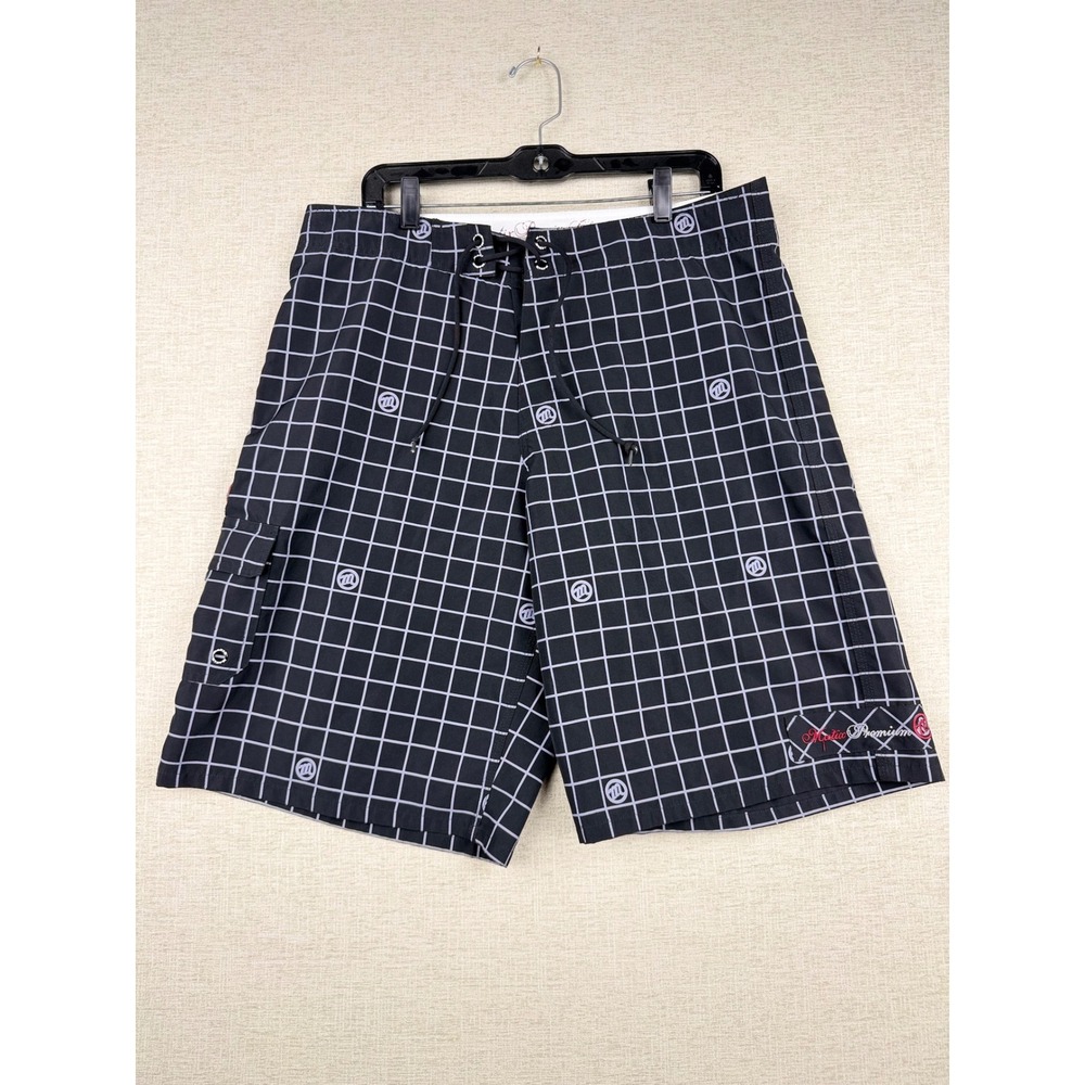 Matix Wanker Trunk Y2K 2000's Mens 34 Board Shorts Black Grid Cargo Swim Trunks